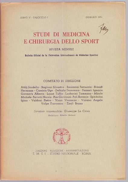Studi di Medicina e Chirurgia dello Sport Anno V FascicoloI- Gennaio 1951 - copertina