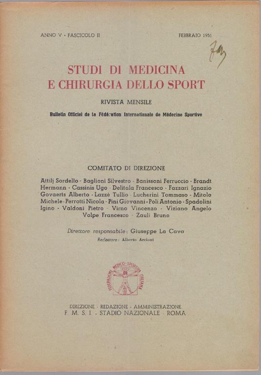 Studi di Medicina e Chirurgia dello Sport Anno V Fascicolo II- Febbraio 1951 - copertina
