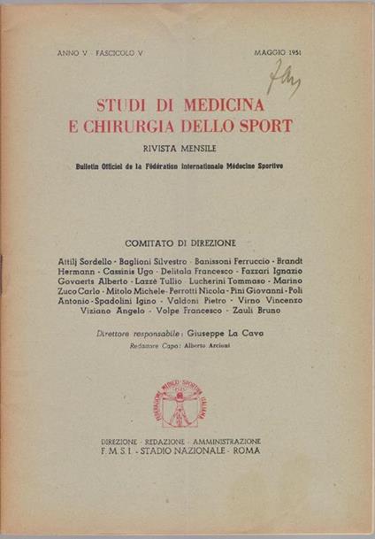 Studi di Medicina e Chirurgia dello Sport Anno V Fascicolo V- Maggio 1951 - copertina