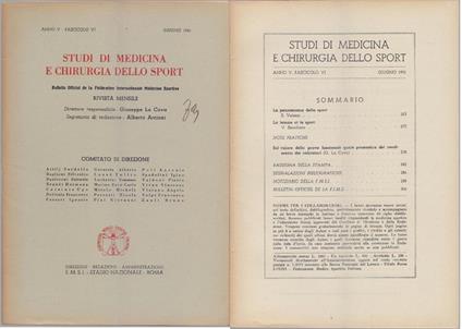 Studi di Medicina e Chirurgia dello Sport Anno V Fascicolo VI - Giugno 1951 - copertina