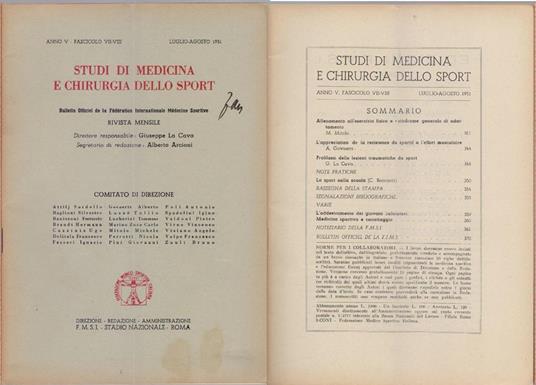Studi di Medicina e Chirurgia dello Sport Anno V Fascicolo VII - VIII - Luglio Agosto 1951 - copertina