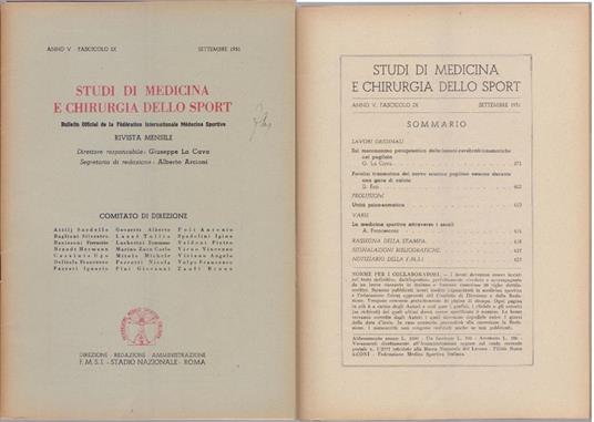 Studi di Medicina e Chirurgia dello Sport Anno V Fascicolo IX - Settembre 1951 - copertina
