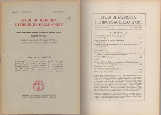 Studi di Medicina e Chirurgia dello Sport Anno V Fascicolo XI - Novembre 1951 - copertina