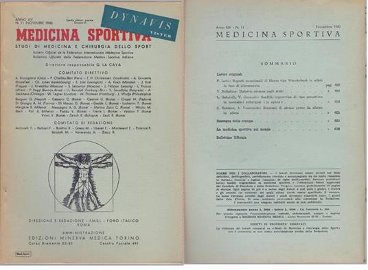 Medicina Sportiva Studi di Medicina e Chirurgia dello Sport Anno XIV N. 9 - Novembre 1960 - copertina