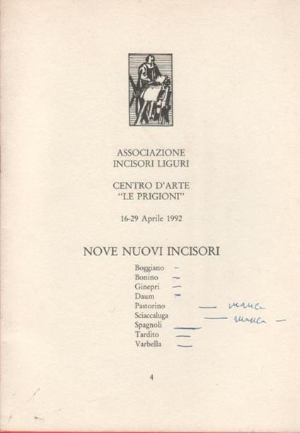 Nove nuovi incisori. Centro d'arte Le Prigioni, Genova aprile 1992 - copertina