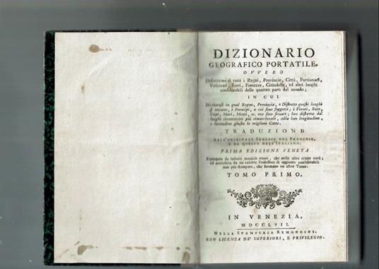 Dizionario Geografico Portatile 2 Tomi In Unico Volume 1757 - copertina