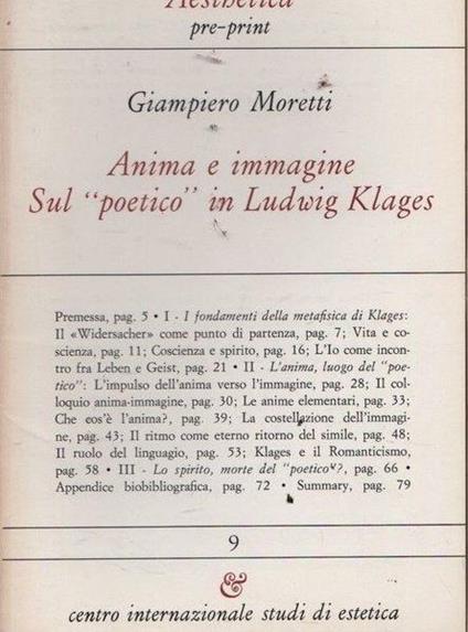 Anima e immagine. Sul "poetico" in Ludwig Klages - Moretti - copertina