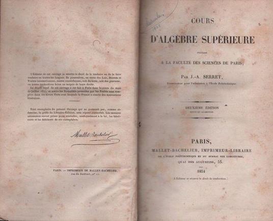 Cours d'algèbre supérieure - J.-A. Serret - copertina