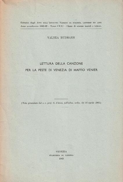 Lettura della canzone per la peste di Venezia di Maffio Venier - copertina