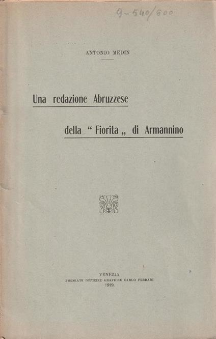 Una redazione Abruzzese della "Fiorita" di Armannino - Antonio Medin - copertina