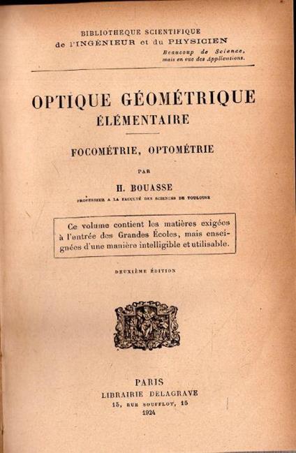 Optique Géométrique Elémentaire - H. Bouasse - copertina