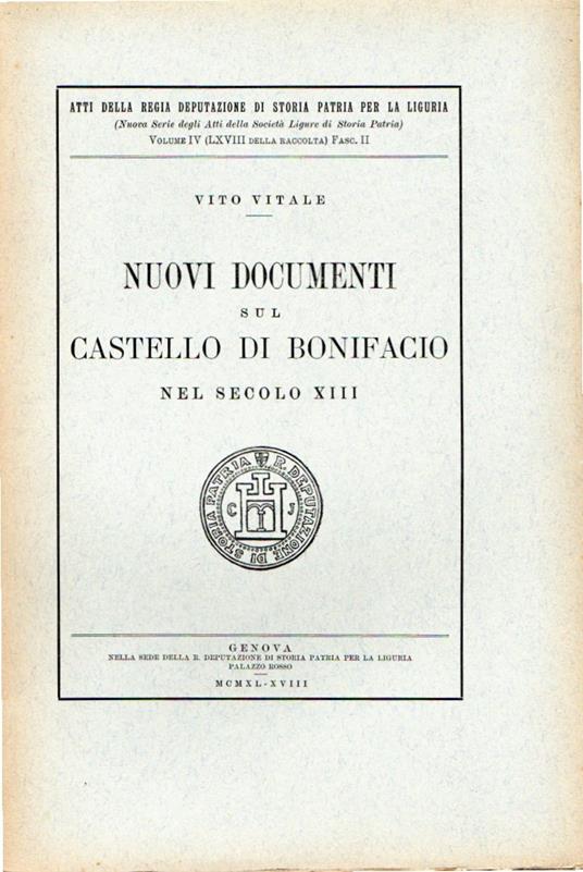 Nuovi Documenti sul Castello di Bonifacio nel secolo XIII - Vito Vitale - copertina