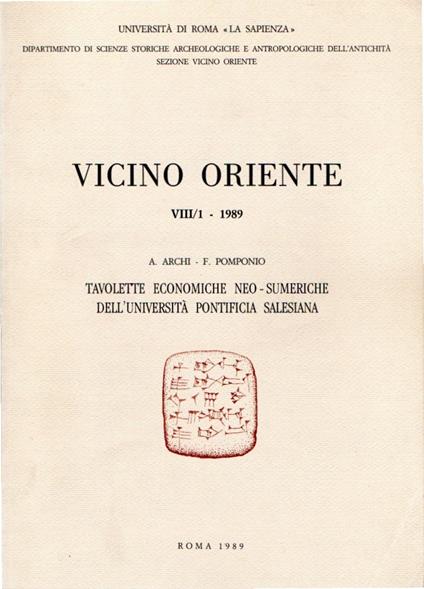 Vicino Oriente VIII/1 - 1989. Tavolette economiche neo-sumeriche dell'università pontificia salesiana - copertina