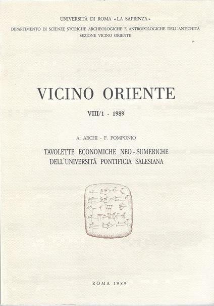 Tavolette economiche neo-sumeriche dell'Università Pontificia Salesiana. "Vicino Oriente" vol. VIII/1 - 1989 - copertina