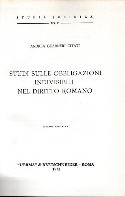 Studi sulle obbligazioni indivisibili nel diritto romano - copertina