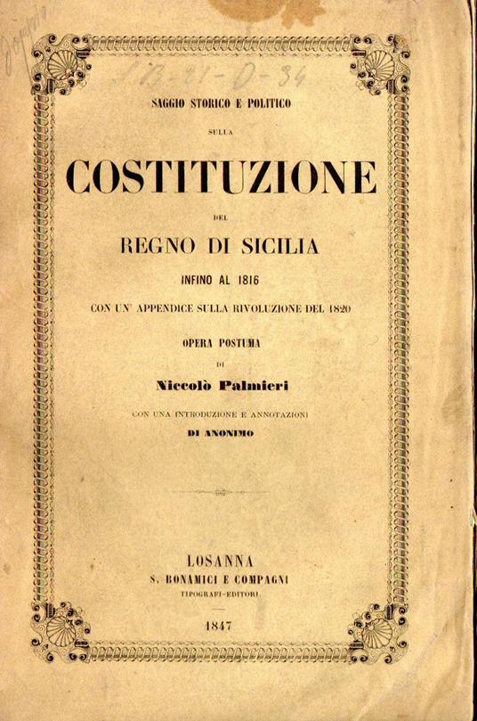 Costituzione del Regno di Sicilia infino al 1816 - Niccolò Palmieri,Nicola Palmieri - copertina