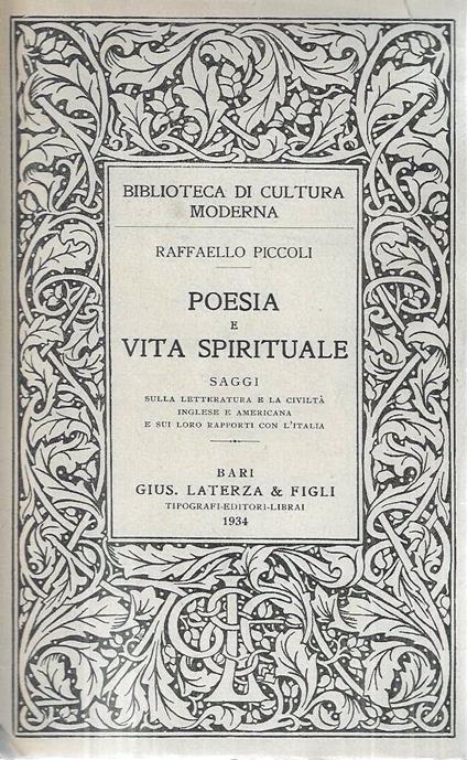 Poesia e vita spirituale. Saggi sulla letteratura e la civiltà inglese e americana e sui loro rapporti con l'Italia - Raffaello Piccoli - copertina