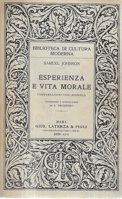 Esperienza e vita morale. Conversazioni con Boswell - Samuel Johnson - copertina