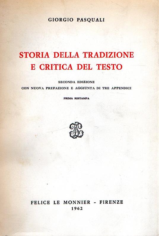 Storia della tradizione e critica del testo - Giorgio Pasquali - copertina