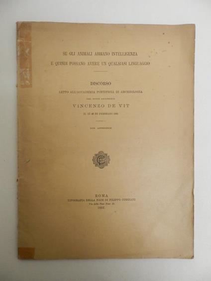 Se gli animali abbiano intelligenza e quindi possano avere un qualsiasi linguaggio - Vincenzo De Vit - copertina