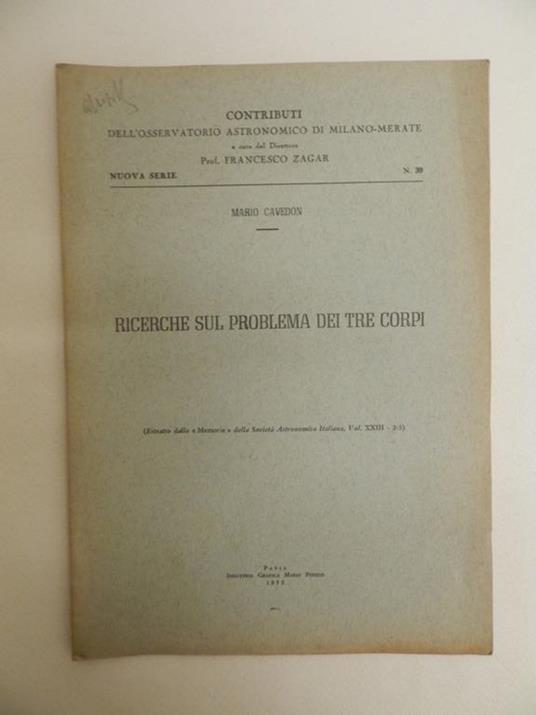 Ricerche sul problema dei tre corpi - Mario Cavedon - copertina