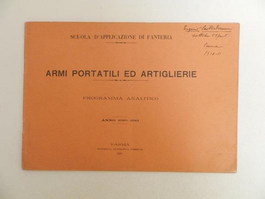 Armi portatili ed artiglierie. PRogramma analitico. Anno 1910-1911 - copertina