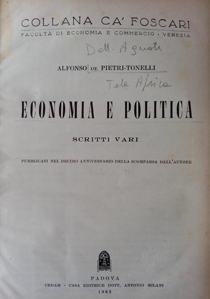 Economia politica : scritti vari - Alfonso De Pietri Tonelli - copertina