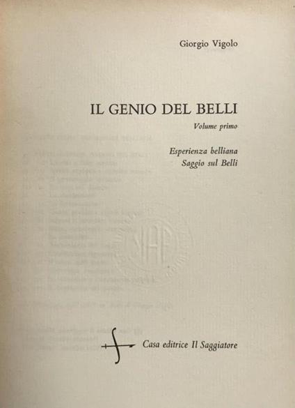 Il Genio Del Belli - Giorgio Vigolo - copertina