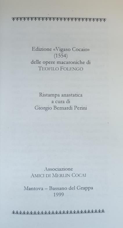 Edizione "Vigaso Cocaio" (1554) Delle Opere Macaroniche - Teofilo Folengo - copertina