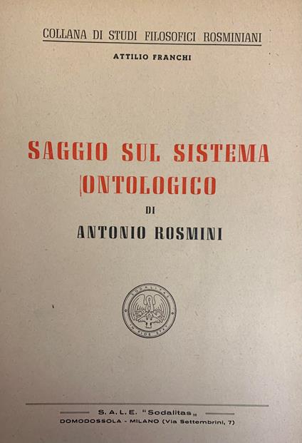 Saggio Sul Sistema Ontologico Di Antonio Rosmini - copertina