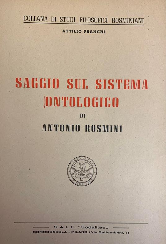 Saggio Sul Sistema Ontologico Di Antonio Rosmini - copertina