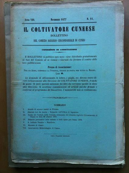 Il coltivatore cuneese Anno VIII Novembre 1877 n° 11 - E13950 - Libro Usato  - ND - | IBS