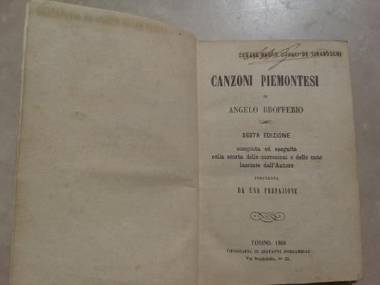 A.Brofferio Canzoni Piemontesi Torino 1868 - Angelo Brofferio - copertina