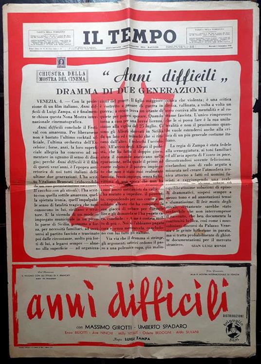 Poster cinema "Anni difficili" Premiato al festival del cinema di Venezia 1948 - copertina