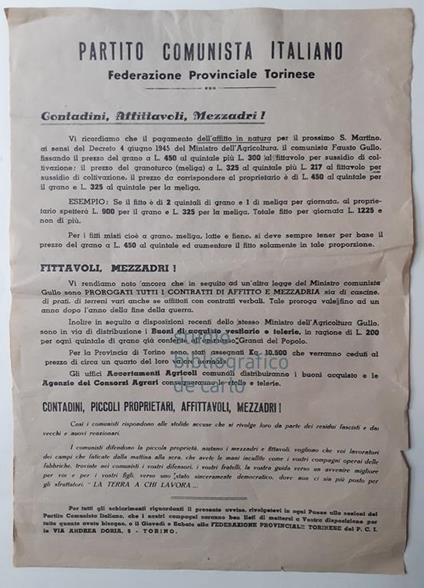 Avviso ai contadini Partito Comunista Italiano 1945 - copertina