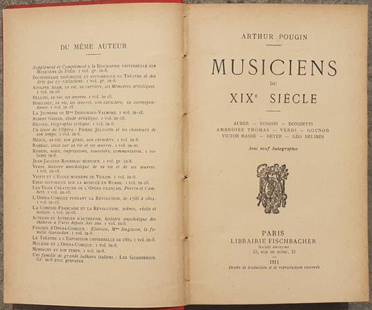 Musiciens du XIX° Siecle Paris Librairie Fischbacher 1911 - Arthur Pougin - copertina