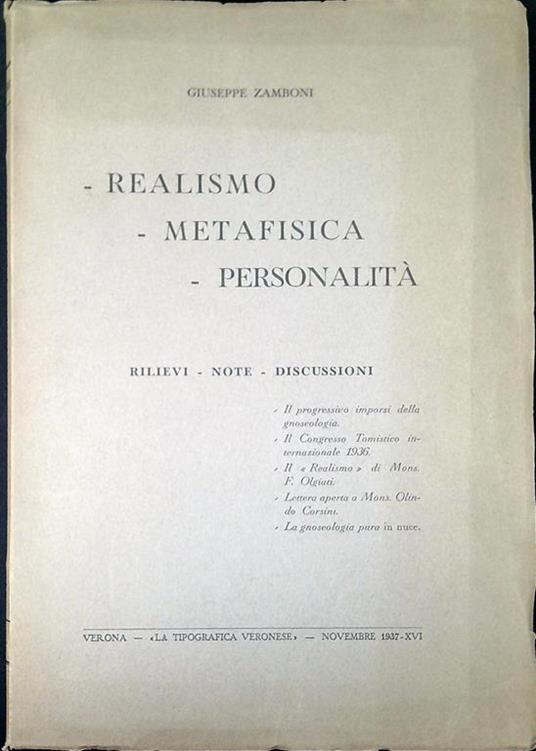 Realismo, metafisica, personalità : rilievi, note, discussioni - Giuseppe Zamboni - copertina