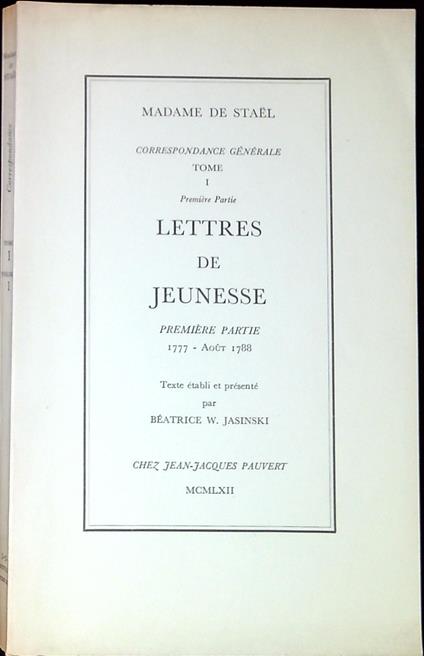 1.1: Lettres de jeunesse, 1777-AoÃ"t 1788 - copertina