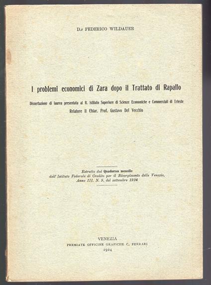 I problemi economici di Zara dopo il Trattato di Rapallo - copertina