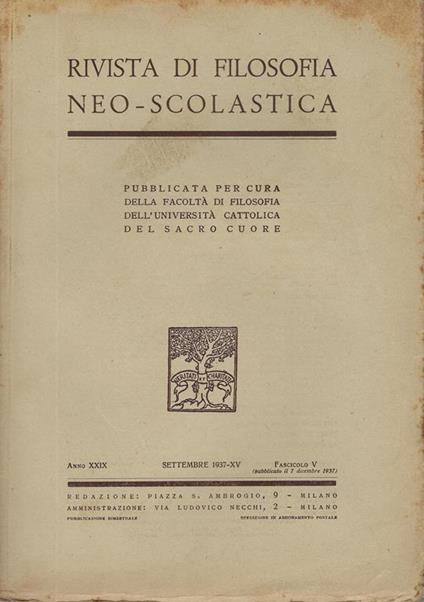 Rivista di filosofia neo-scolastica anno XXIX, fascicolo 5, settembre 1937  - Libro Usato - Università Cattolica del Sacro Cuore 