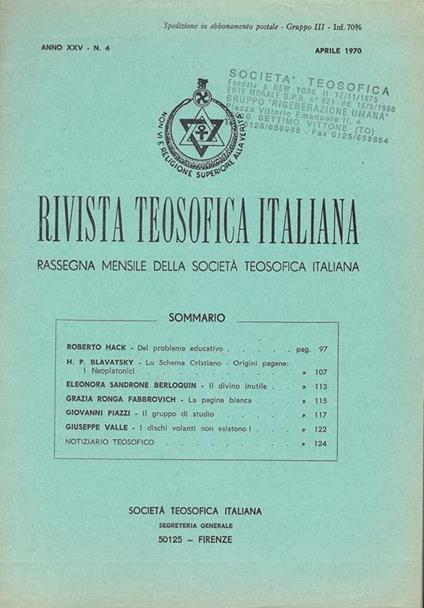 Rivista teosofica italiana: ressegna mensile della società teosofica italiana, n. 4 - 1970 - copertina