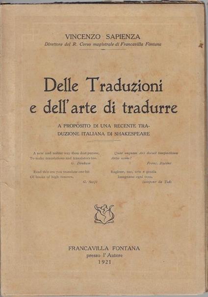 Delle traduzioni e dell'arte di tradurre : a proposito di una recente traduzione italiana di Shakespeare - Vincenzo Sapienza - copertina