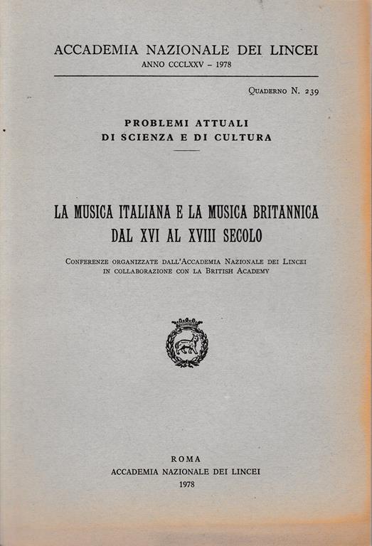 La musica italiana e la musica britannica dal XVI al XVIII secolo, anno CCCLXXV, quaderno n. 329 - copertina