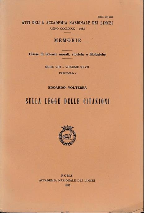 Atti della Accademia Nazionale dei Lincei anno CCCLXXX - 1983. Memorie. Serie VIII - vol. XXVII - fasc. 4 - Edoardo Volterra - copertina