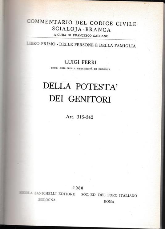 Libro primo - Delle persone e della famiglia. Della potestà dei genitori. Art. 315-342 - Luigi Ferri - copertina