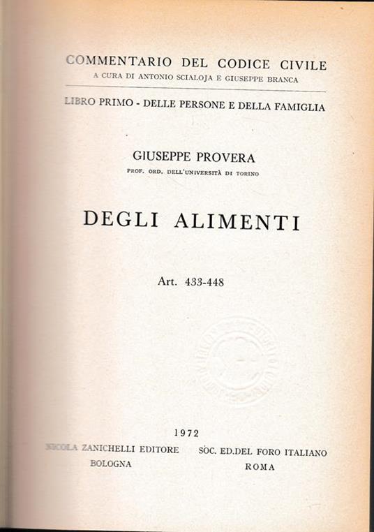 Libro primo - Delle persone e della famiglia. Degli alimenti. Art. 433-448 - Giuseppe Provera - copertina