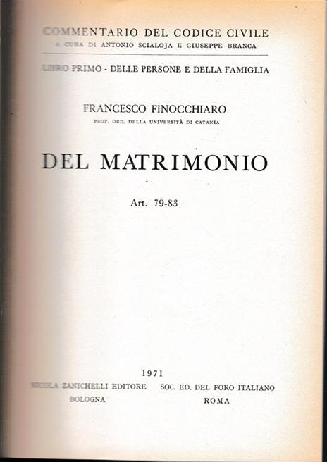 Libro primo - Delle persone e della famiglia. Del matrimonio. Art. 79-83 - Francesco Finocchiaro - copertina