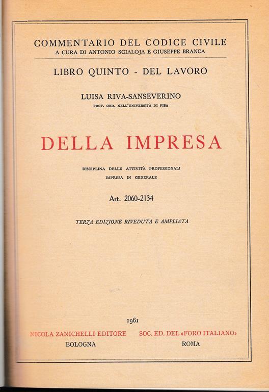 Libro quinto - Del lavoro. Della impresa. Art. 2060-2134 - Luisa Riva Sanseverino - copertina