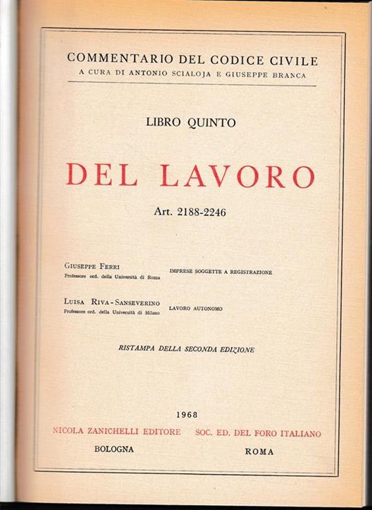 Libro quinto - Del lavoro. Art. 2188-2246 - G. Ferri - copertina