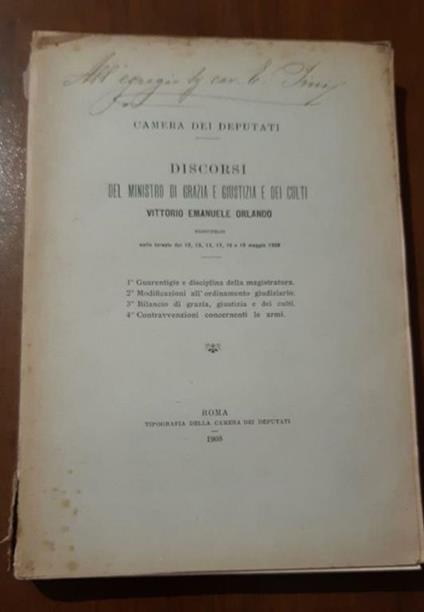 Camera dei Deputati Discorsi del ministro di grazia e dei culti - Vittorio Emanuele Orlando - copertina